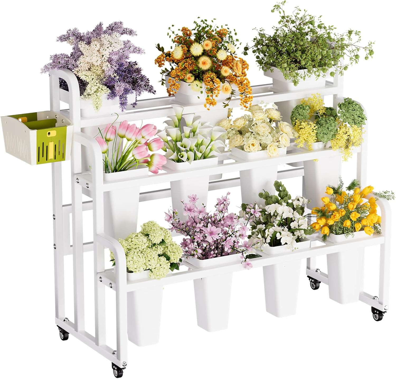 Flower Display Stand with 11 Buckets, Moving Florist Bouquet Shelf, Upgrade 360° Swivel Wheels and Brake, Flower Cart 3 Layers for Indoor, Outdoor Patio Garden, Living Room, Florist (White)
